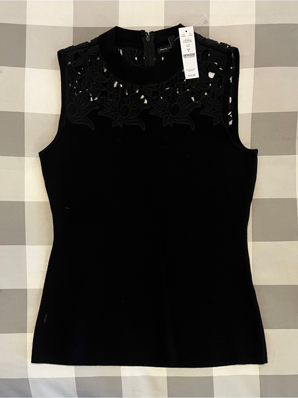 White House Black Market Black Knit Sleeveless Lace-Yoke Top NWT